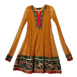 NAZILA COUTURE Orange Tunic XXS Embroidered Mesh Tulle Kurta Designer India